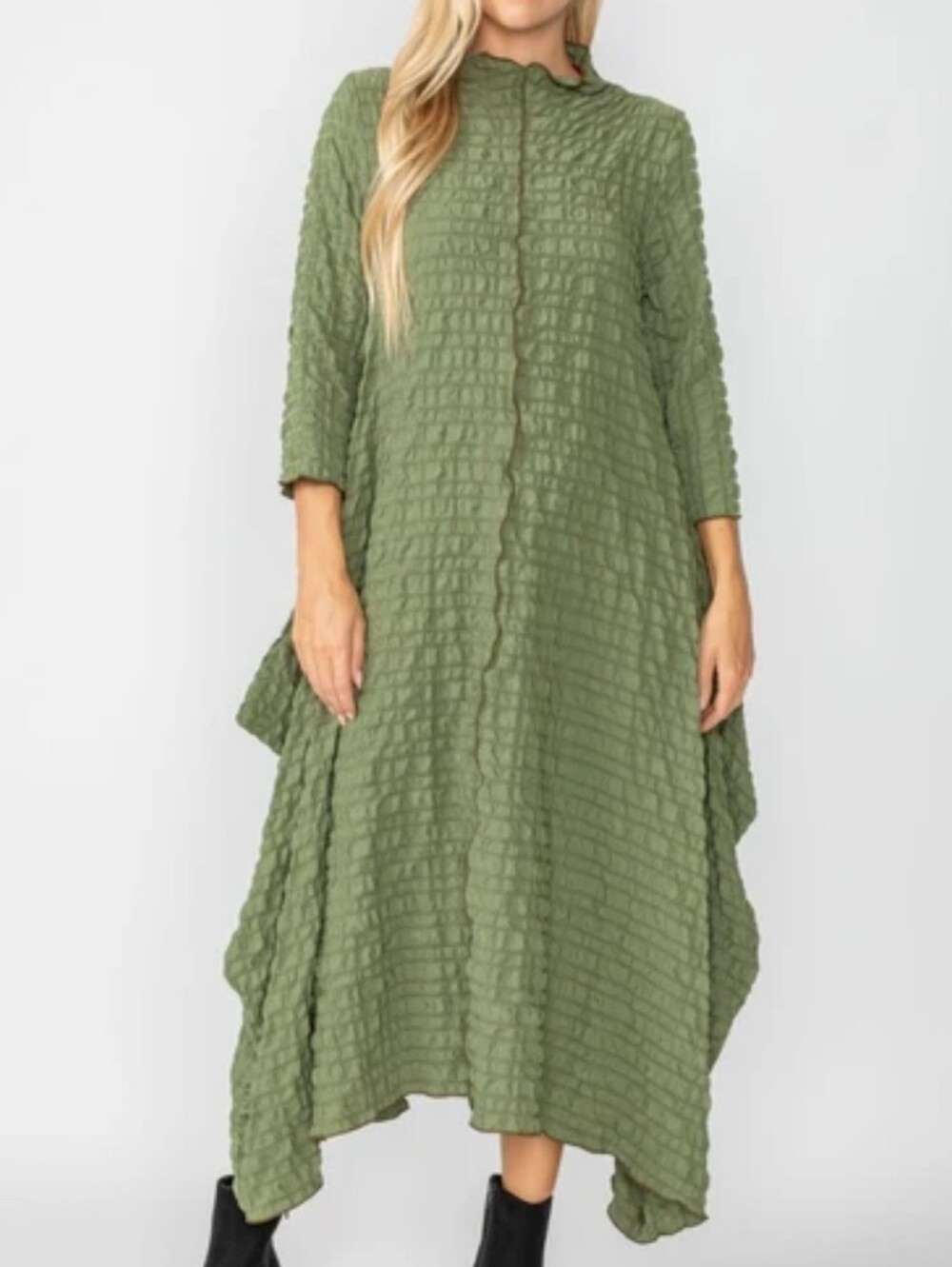IC Collection Olive Textured Maxi Dress with Asymmetric Hem